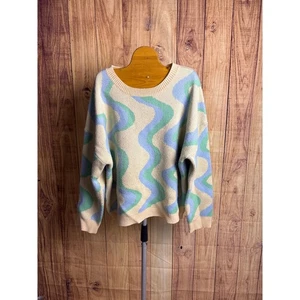 Altar'd State Crewneck Knit Sweater Wavy Cream Blue Women's Size M - Picture 1 of 5