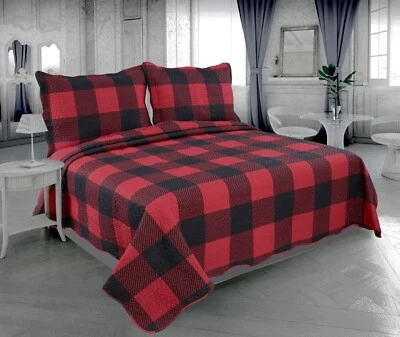 Juego de colcha edredón colcha estampada pinsonica en relieve, rojo negro a cuadros king Foto 1 de 4