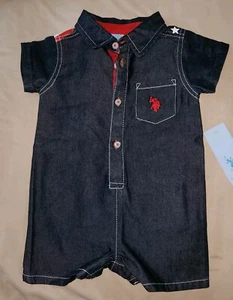 4th of July U.S. Polo Assn. Denim Baby Boy Stars Flag Romper 6/9 Months Blue NEW - Picture 1 of 5