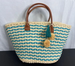 Neu mit Etikett Barneys New York Korbtasche Raffia blau/elfenbein Lederbesatz Griff - Bild 1 von 8