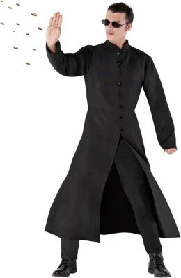 Men`s The Matrix Costume Adult Black Neo Coat & Glasses Spy Assassin Halloween - Image 1 of 4