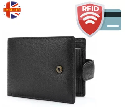 Mens RFID Blocking Soft Smooth Genuine Leather Wallet with a Security button - Image 1 of 4