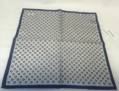 NEW! Eton blue pocket square with navy border and geometric pattern, cotton/silk - Image 1 of 4