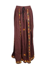 Boho Coco Brown Maxi Skirt Floral Design Rayon Tiered Flared Handmade Skirts 