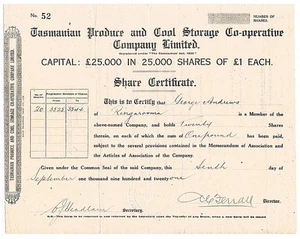 TASMANIA • 1921 • Guión para 20 acciones • PRODUCTO DE TASMANIA y COOPERATIVO DE ALMACENAMIENTO FRESCO - Imagen 1 de 1