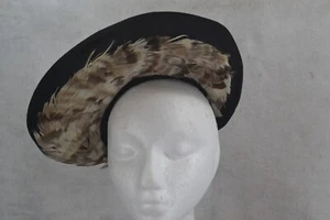 antique womans hat 1940 black felt wool w/feathers wide brim original 1940 WWII - Picture 1 of 7