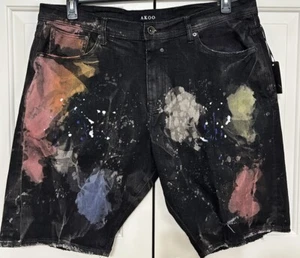 NWT AKOO size 40 cocktail black rider paint splatter jean shorts mens - Picture 1 of 4