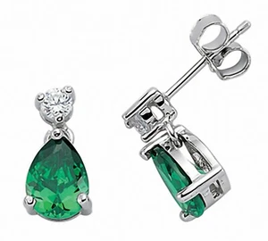 Emerald Pear Drop Earrings Solid Sterling Silver Rhodium Plated 925 Hallmark - Picture 1 of 2
