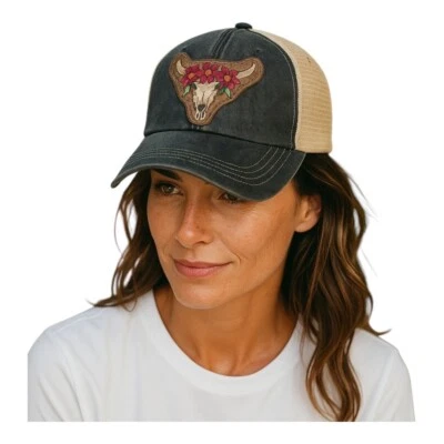 Genevieve Gail Floral Steer Skull Patch Trucker Hat Distressed Gray - Image 1 of 4