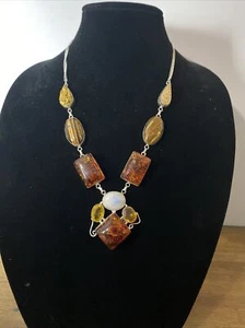Artisan Sterling 925 12” Chunky Amber Opal Pyrite Multi Stone Necklace - Picture 1 of 7