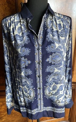 Camisa Top H&M Talla 2 Para Mujer Estampado Paisley Con Botones Azul Amarillo Manga Larga Foto 1 de 3