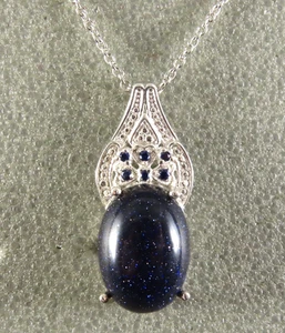 STERLING SILVER 20" Chain Necklace KARIS BLUE OVAL SUNSTONE & SAPPHIRE PENDANT - Picture 1 of 5
