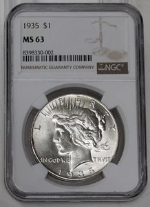 1935 Peace Silver Dollar NGC MS 63 - Picture 1 of 4
