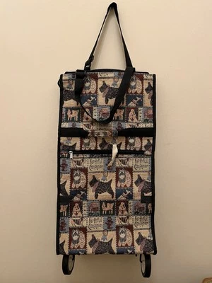 FOLDING ROLLING TOTE DOG PRINT TAPESTRY Shopper Suitcase zip close handles - Image 1 of 4
