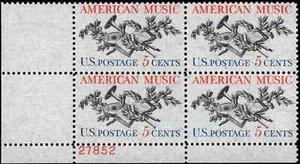 US Scott # 1252, American Music, Plate Block of (4) 1964 5¢ Stamps, MNH - Picture 1 of 1
