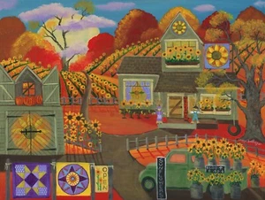 Original Todo FoFolk ART PainTing SuNfLoWeRs PiCk Up TruCk QuilT PuKiN ScArEcRoW BaBn - Imagen 1 de 5