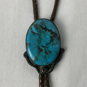VTG Ray Bennett Native American Sterling Silver Turquoise Leather Bolo Tie - Picture 1 of 13