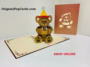ORIGAMI POP CARDS - Brown Teddy Bear 3D ~ Pop Up Happy Birthday Card Love
