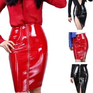 Women Faux Leather Long Skirt High Waist Side Split Zipper Bodycon Midi Skirts - Picture 1 of 32