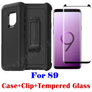 For Samsung Galaxy S9 Heavy Duty Shockproof Case with Clip &Tempered Glass Black - Picture 1 of 6