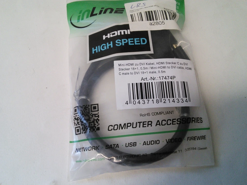 ADAPTERKABEL Mini-HDMI auf DVI Kabel 0,5 m Videoanschluss HDMI DVI Schwarz  - Bild 1 von 1