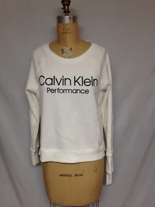 Calvin Klein Logo Print Ribbed Trim Crew Neck Sweatshirt PFT8T1182 S,L White NWT - Picture 1 of 4