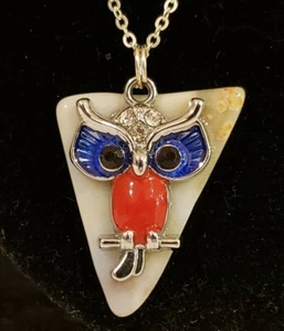 Silver Tone, Red, & Blue Owl w/Polished Stone Pendant on Chain Necklace -Jewelry - Picture 1 of 4