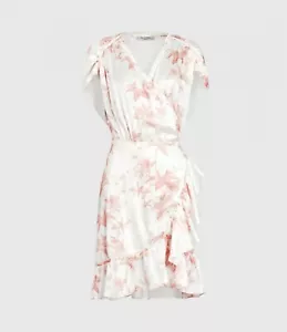 ALLSAINTS Pink Floral Zini Evolution V-Neck Wrap Ruffle Mini Dress 10 US ~ 14UK - Picture 1 of 12