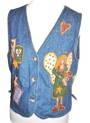 QUACKER FACTORY Vest Size M Denim Blue Applique Angels Hearts Faith Hope Bling - Image 1 of 3