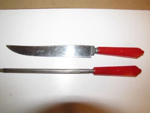 ROYAL BRAND Vintage Mid-Century Red Bakelite handles, Carving Knife & Sharpener - Picture 1 of 4