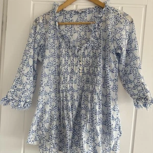 "At Last" Lightweight, Blue & White Tunic Top w/Fringe, Size UK 8 - Picture 1 of 7