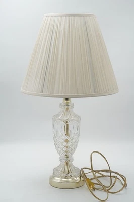 Vintage Cut Glass Crystal 21" Urn Table Lamp w/ Pleated Shade Hollywood Regency - Image 1 of 4