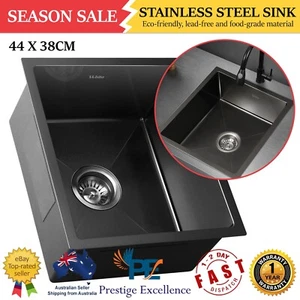 Stainless Steel Kitchen Sink 44x38cm Single Bowl Basin with Waste Strainer Black - Picture 1 of 11