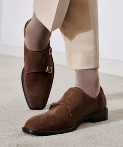 Zapatos de vestir Firenze Atelier para hombre hechos a mano marrón oscuro gamuza correa de monje - Imagen 1 de 24