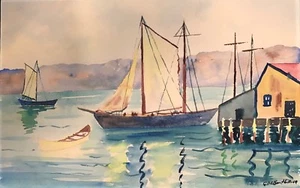 Guy De Bouthillier Aquarell Gemälde Hafen Segelboote Boote Kalifornien gelistet - Bild 1 von 5