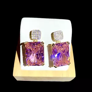 Lab-Created Pink Sapphire Earrings & Simulated Diamond 18k Gold Filled Finish - Picture 1 of 13