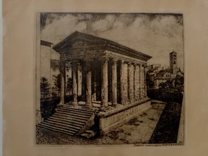 Caroffi tempio Fortuna Virile Portuno acquaforte originale 1925 stampa antica - Bild 1 von 10