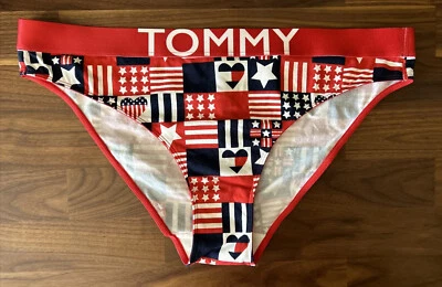 TOMMY HILFIGER HI LEG CHEEKY BIKINI BOTTOMS XL Red White Blue Flag Star Hearts - Image 1 of 4