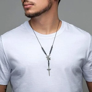St Michael Catholic Necklace Black Hematite Beads 18" Men Women Silver Brazil - Picture 1 of 4