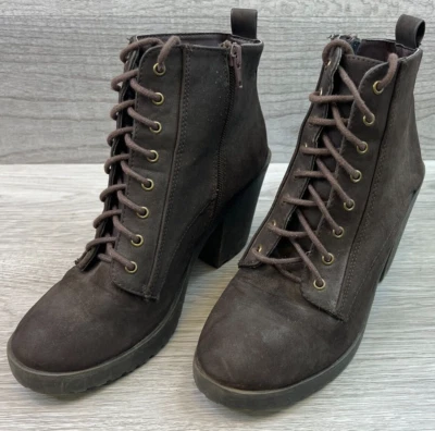 Botas SODA para mujer 8 MALIA TAN imitación cuero con cordones tacón bloque marrón cremallera zapatos Foto 1 de 4