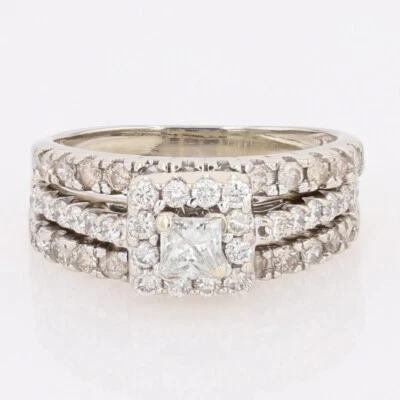 1.12ctw Princess Cut Diamond Halo Wedding Set Rings 14k White Gold Size 6.25 - Image 1 of 4
