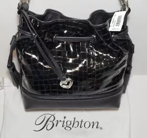 BRIGHTON CHER CHRISTA BLACK PATENT LEATHER TASSELS CROSSBODY BUCKET BAG MINT NWT - Picture 1 of 10