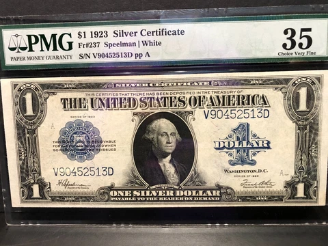 $1 1923 Silver Certificate Fr#237 PMG 35 Choice VF Serial # has VD Cover