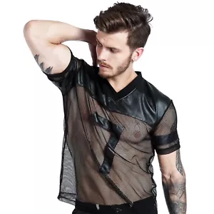 Herren Sexy T-Shirt Net Hollow Out Patchwork Tops Clubwear Kunstleder - Picture 1 of 7