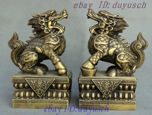 9" Chinese FengShui Pure Bronze Wealth Dragon Kylin Unicorn Chi-lin Statue Pair - Picture 1 of 12