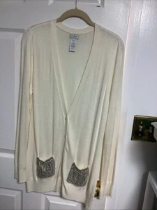 Cárdigan Jaclyn Smith Abotonado Suéter Lentejuelas Bolsillos Marfil Med - Imagen 1 de 5