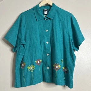 Ali Miles Top PXL Blue Green Embroidered Cottagecore Button Up Cotton Blend - Picture 1 of 9