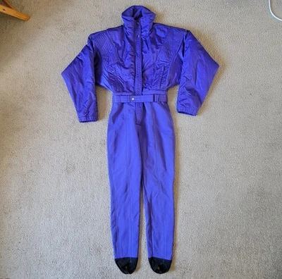 Vintage 80s Nils Thinsulate Ski Suit Bibs Purple Belted Size 10 Made In USA  - Image 1 of 4