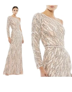 Mac Duggal Size 8 Rose Gold Sequin Beaded Longsleeve One Shoulder Dress 4982 - Picture 1 of 15