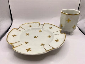 Limoges Fleur De Lis Porcelain Ashtray Trinket Dish Cup White Gold - Picture 1 of 9